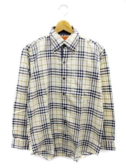 ∞【美品】ウィルクス バシュフォード WilkesBashford シャツ カジュアル ボタンダウン チェック 長袖 M ベージュ 青 ブルー メンズ □G8