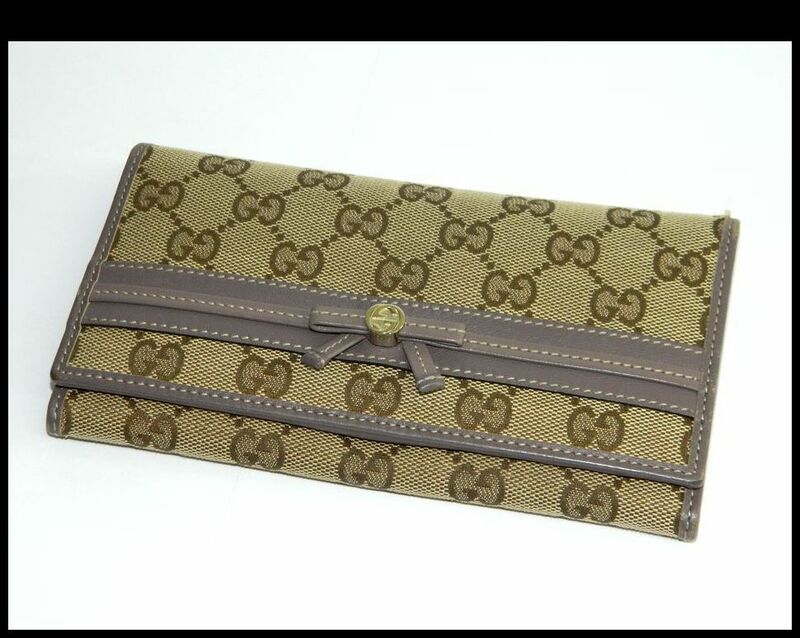 中古 GUCCI 長財布 リボン プリンシー 二つ折り長財布 257005 2067 GGキャンパス レザー ベージュ系 パープル系 グッチ USED品 リサイクル