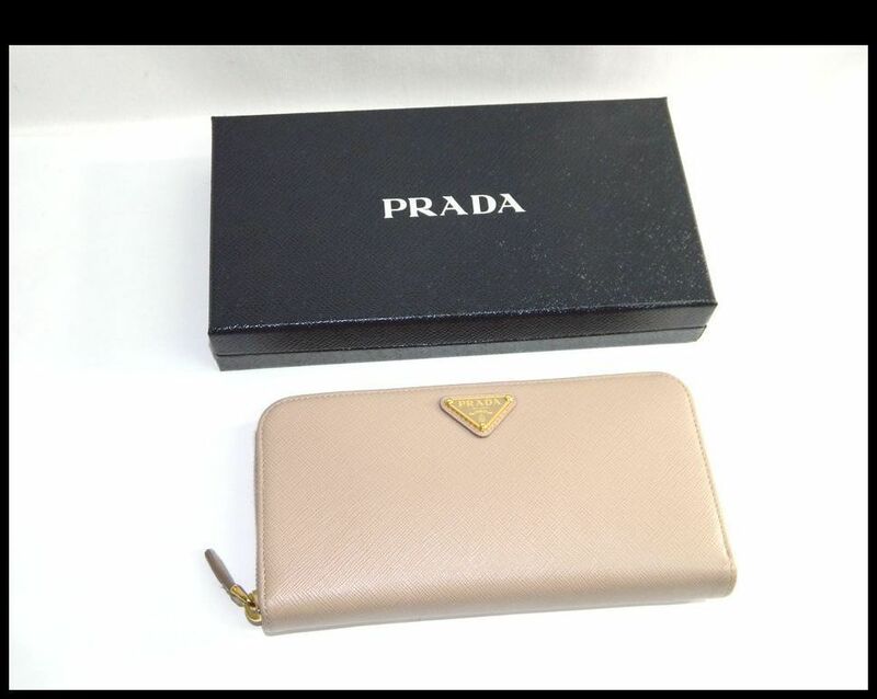 中古 良品 PRADA ラウンドファスナー 長財布 ベージュ系 サフィアーノ レザー ジップウォレット プラダ USED品 リサイクルマート半田店