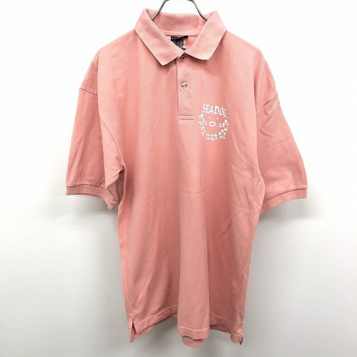 SEADOG × United Sports Headline - L メンズ 男性 ポロシャツ カットソー 鹿の子 ロゴプリント 花柄 ハイビスカス 半袖 綿100% ピンク