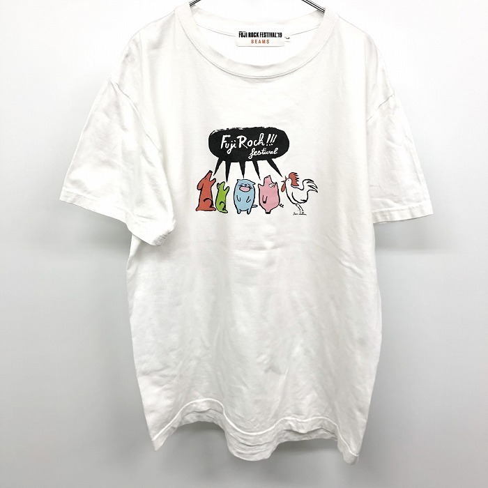 BEAMS × FUJI ROCK FESTIVAL'19 ビームス×フジロックフェスティバル L メンズ Tシャツ カットソー アニマルプリント 丸首 半袖 綿100% 白