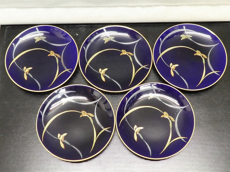 ●香蘭社 金彩 瑠璃色 菓子皿 銘々皿 5枚 茶道具 和食器●