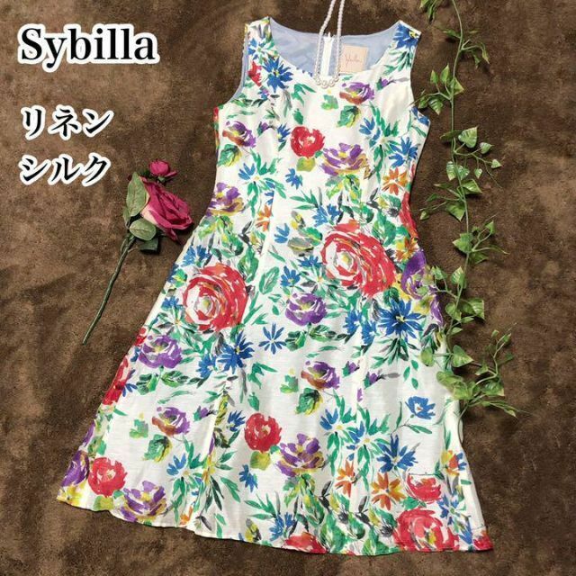 リネン/シルクシビラ 花柄 ノースリーブ フレア ワンピース Sybilla Mサイズ