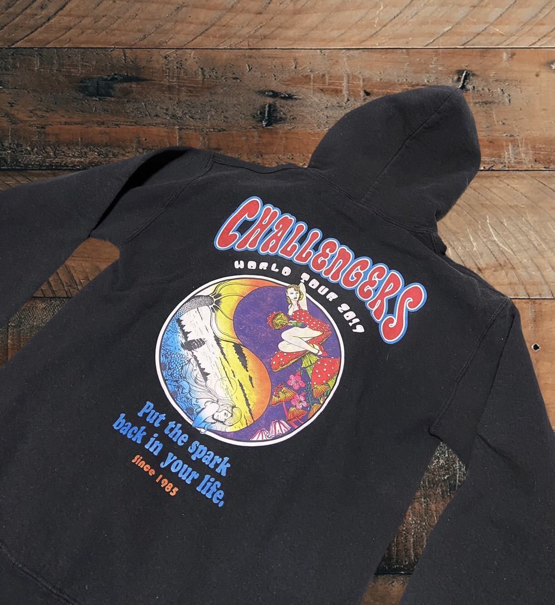 CHALLENGER チャレンジャー CHALLENGERS TOUR HOODIE USED加工バックプリントパーカー★Sサイズ★