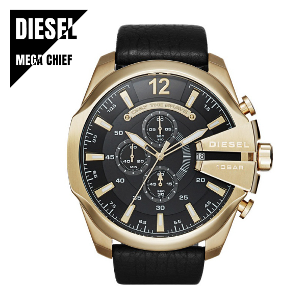 DIESEL ディーゼル MEGA CHIEF メガチーフ DZ4344 ブラック×ゴールド レザーバンド メンズ 腕時計★新品