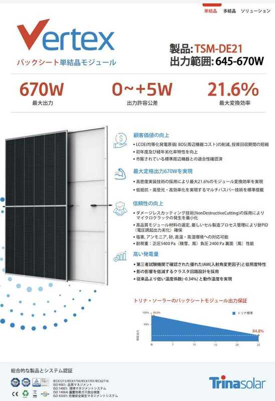 【新品・愛知県】１枚で超高効率な単結晶　660W 1枚 トリナ・ソーラー trinasolar TSM-DE21 太陽光発電 ソーラーパネル　業務用