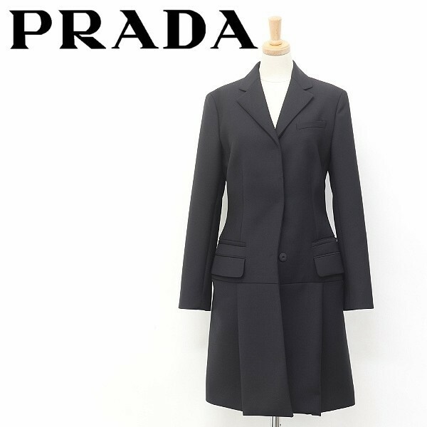 ◆PRADA/プラダ プリーツ チェスター コート ブラック 38