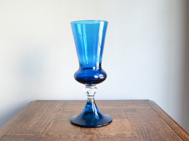 アンティーク花器 オブジェ ヴィンテージ デザイン ブルーガラス器 フラワーベース 花瓶 (H23.5cm)