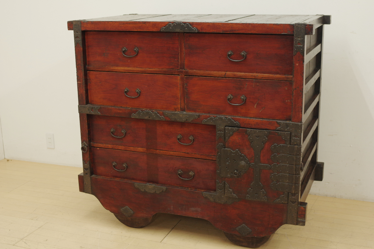 アンティーク 前欅 杉 大型車箪笥 時代箪笥 和箪笥 整理タンス 帳場箪笥 チェスト 古民具 民芸家具 和家具 時代物 鉄器金具