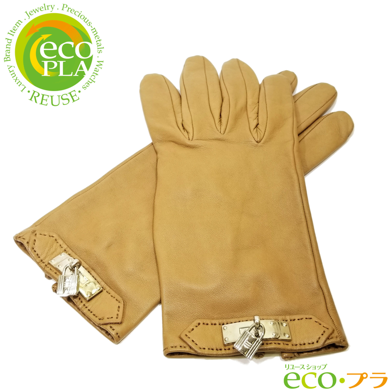 エルメス HERMES ケリー グローブ レディース 手袋 ブラウン シルバー金具 サイズ7 甲幅約8.5cm