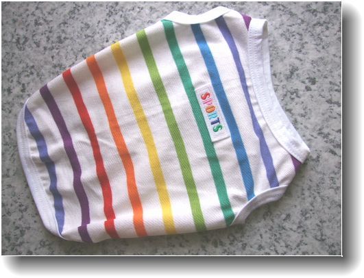 女の子用犬服X08-B-DS■DSサイズ■ダックス等小型犬用虹色ボーダー柄天竺泥除けTシャツ＊ハンドメイド