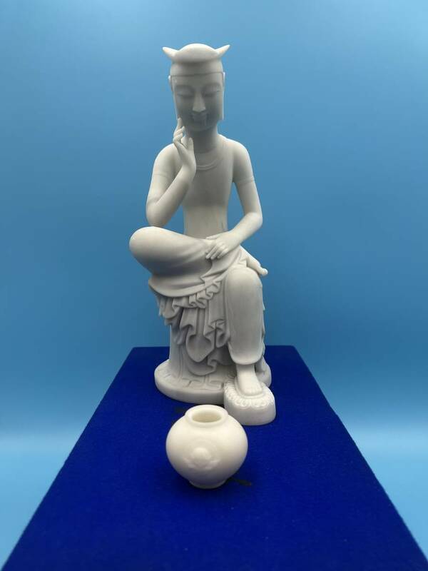 W2089　大理石製　弥勒菩薩半跏像　石仏　仏像　仏教　美術　置物　箱付