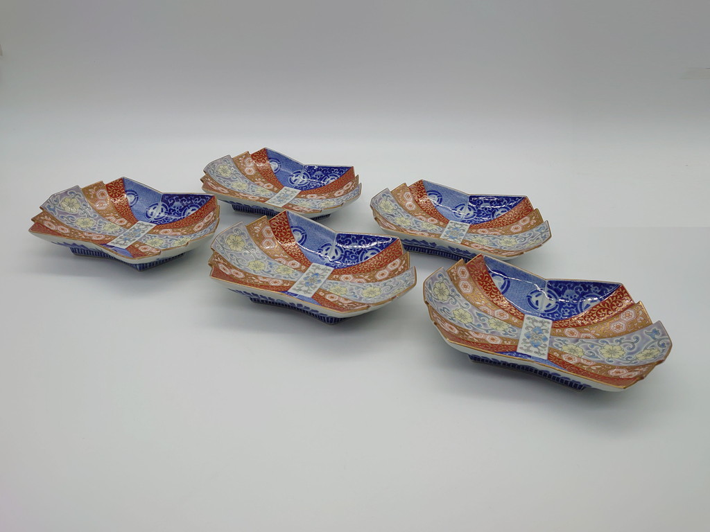 R-061071　希少　上手物　オールド香蘭社　有田焼　色絵花図　錦手　6.4寸中皿5枚セット(変形皿、和食器、皿)(R-061071)