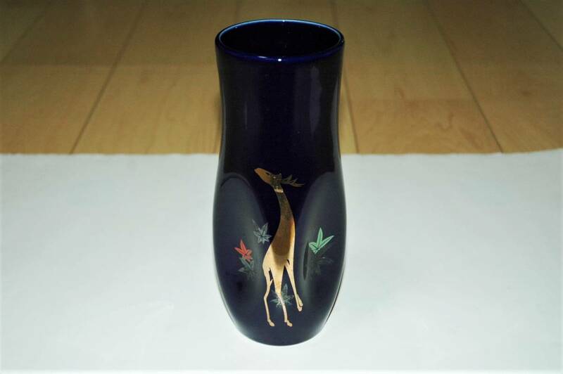 明陶★鹿と紅葉の花瓶　紺　陶器★昭和レトロ