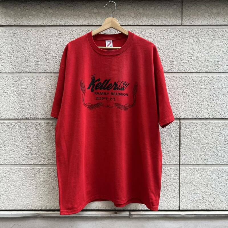 90s USA製 プリントTシャツ 赤 レッド 黒プリント JERZEES ジャージーズ ビッグサイズ 2X アメリカ製 古着 vintage ヴィンテージ