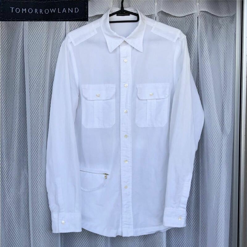 瑕疵あり美品★サファリ シャツジャケット M WHITE / TOMORROWLAND★麻リネン混 長袖 ミリタリー シャツ safari jacket /トゥモローランド