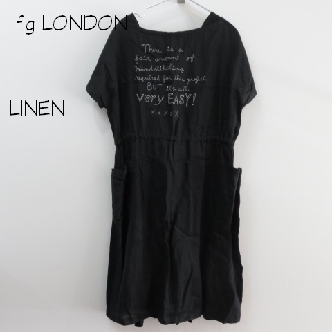 fig LONDON フィグロンドン　麻綿　英字刺繍　ワンピース　Fサイズ　黒 