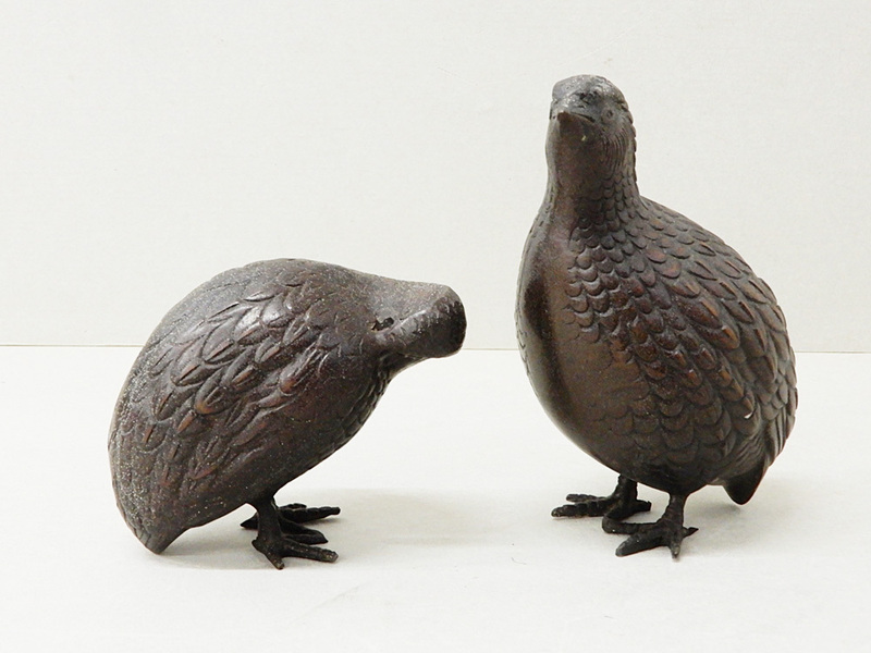 ◆◎アンティーク! 2羽一対 鶉 うずら 銅器 つがい 古銅 ブロンズ 置物 オブジェ 彫刻 金属工芸