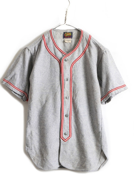 デッドストック 40s ビンテージ ■ DANDUX ウール 半袖 ベースボール シャツ ( メンズ XS 程) 新品 未使用 無地 半袖シャツ 40年代 灰 赤