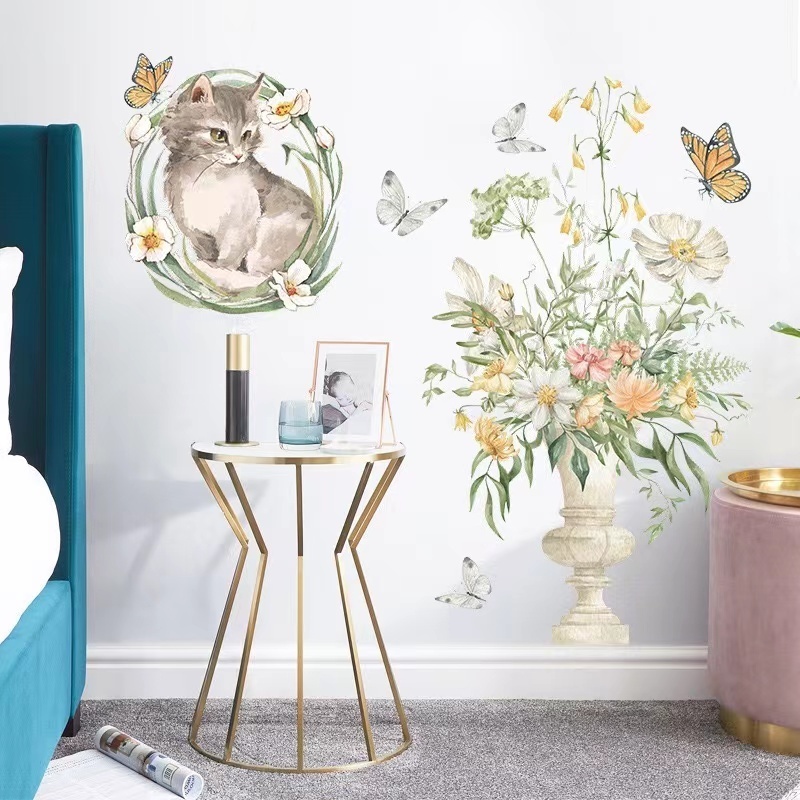 (NO.379）DIY剥がせる壁飾りウォールステッカー綺麗な仕上がり　花と猫