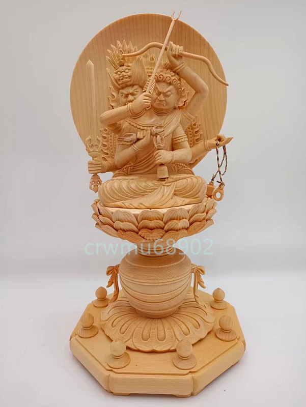 極上彫　総檜材　仏教工芸品　木彫仏像　仏師手仕上げ品　両頭愛染明王座像 