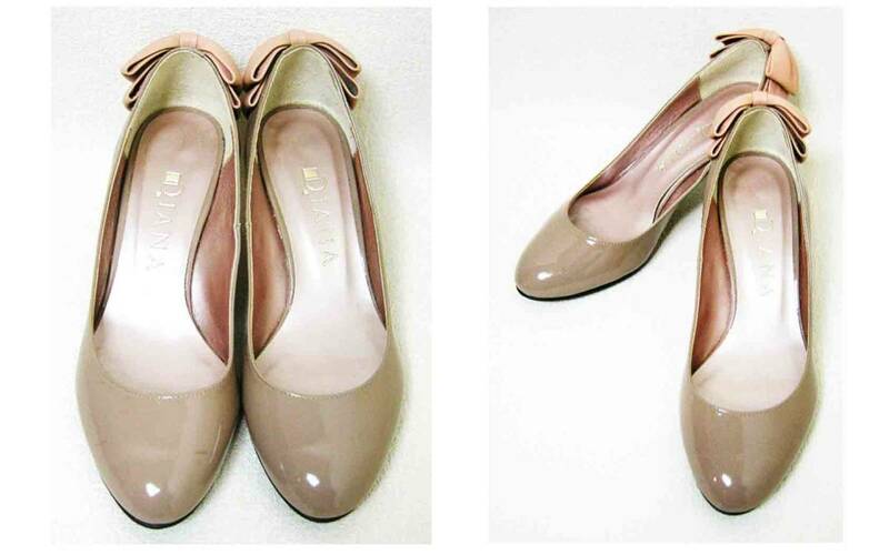 ■DIANA【ダイアナ】ベージュ バックリボン エナメル パンプス 21.5 小さいサイズ　靴