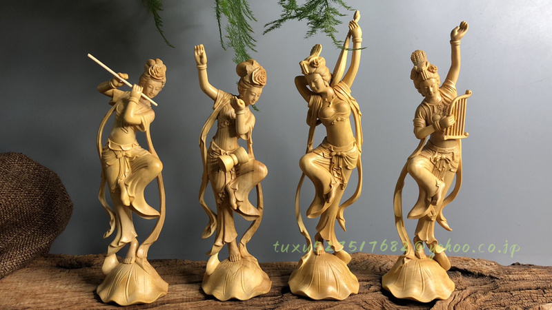  飛天女 仏像 仏教美術 木彫り 天女像 一式 彫刻 天然木 工芸品