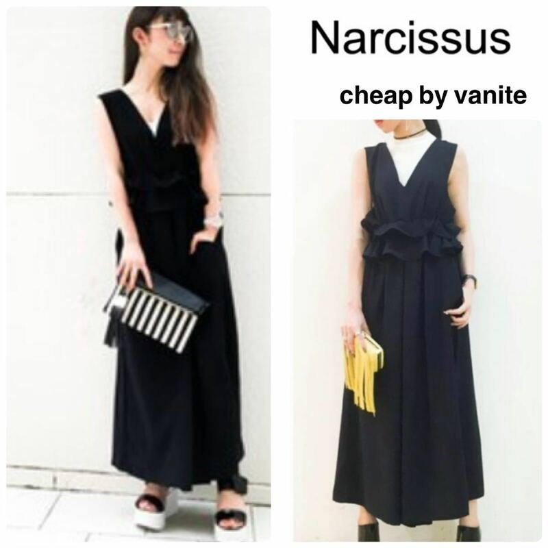 Narcissus 【cheap!!by vaNite】フリルコンビネゾン　ナルシス　オールインワン ワイドパンツ　ブラック　黒　ノースリーブ
