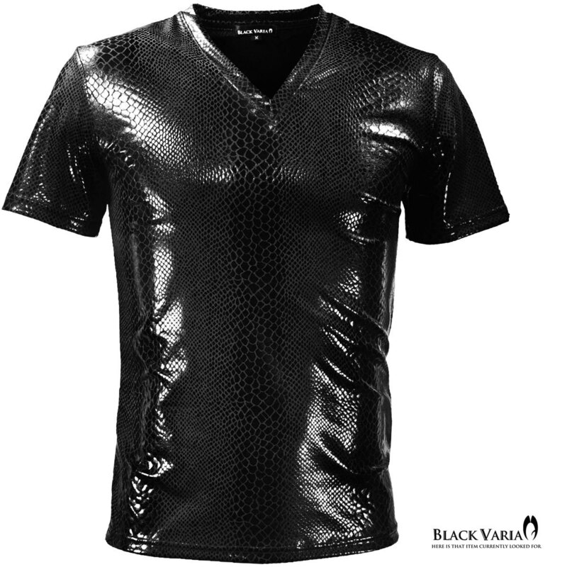 9#193204-bk BLACK VARIA パイソン 蛇ヘビ柄 光沢 ストレッチ 半袖 Vネック Tシャツ メンズ (ブラック黒) M ウロコ 爬虫類 ステージ衣装
