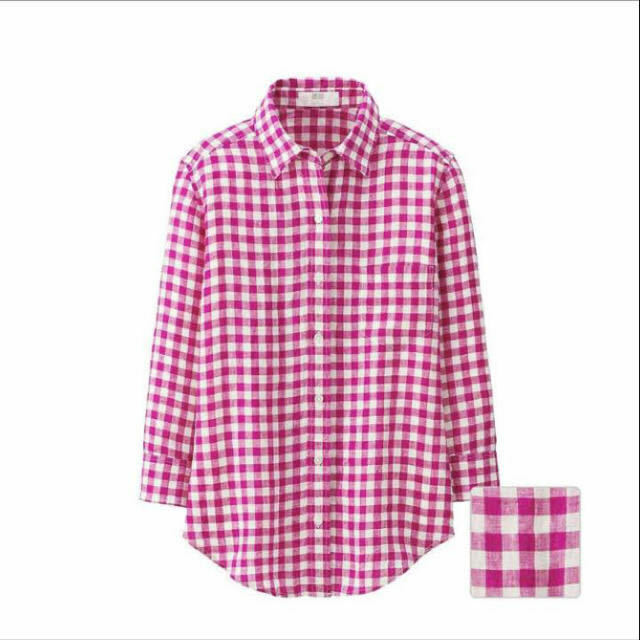 【即決・超美品】ユニクロ・UNIQLO プレミアムリネンチェックシャツ（七分袖）ピンク　M