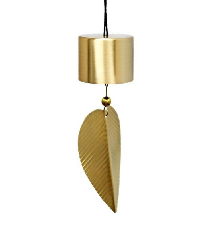 風鈴 個性的な形のベル 大きな葉飾り 光沢感あり シンプル 真鍮製 (円筒)
