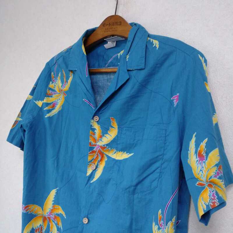 ハワイ製 綿100 アロハシャツ 青ヤシ M