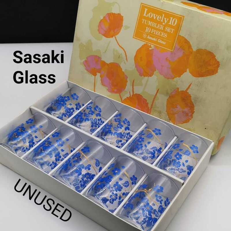Sasaki Glass 花柄タンブラーグラス 10個 昭和レトロ 青花 ヴィンテージ デッドストック 佐々木硝子