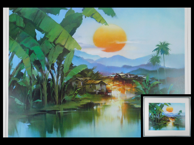 Hong Leung maia sunset(南国 風景画)ミクストメディア(版画)大判 額装 作品証明書 現代アート 中国生まれ 保管品 s21120510