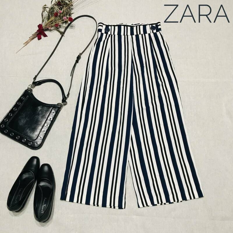 美品★厳選　大人かわいい♪　ZARA　ストライプマリンガウチョパンツ　ホワイト　ブルー　XS