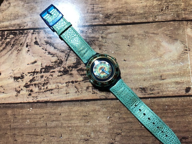 レア swatch スウォッチ SCUBA スキューバ AG1993 水色 グリーン ターコイズ クオーツ メンズサイズ 腕時計