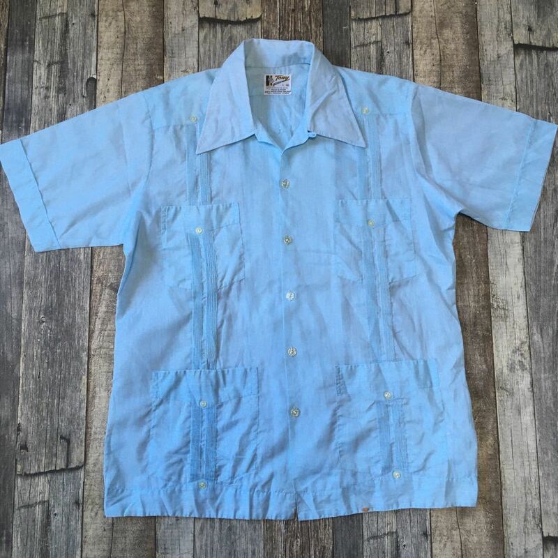 送料無料　guayabera キューバシャツ　水色　TONY メキシコ製