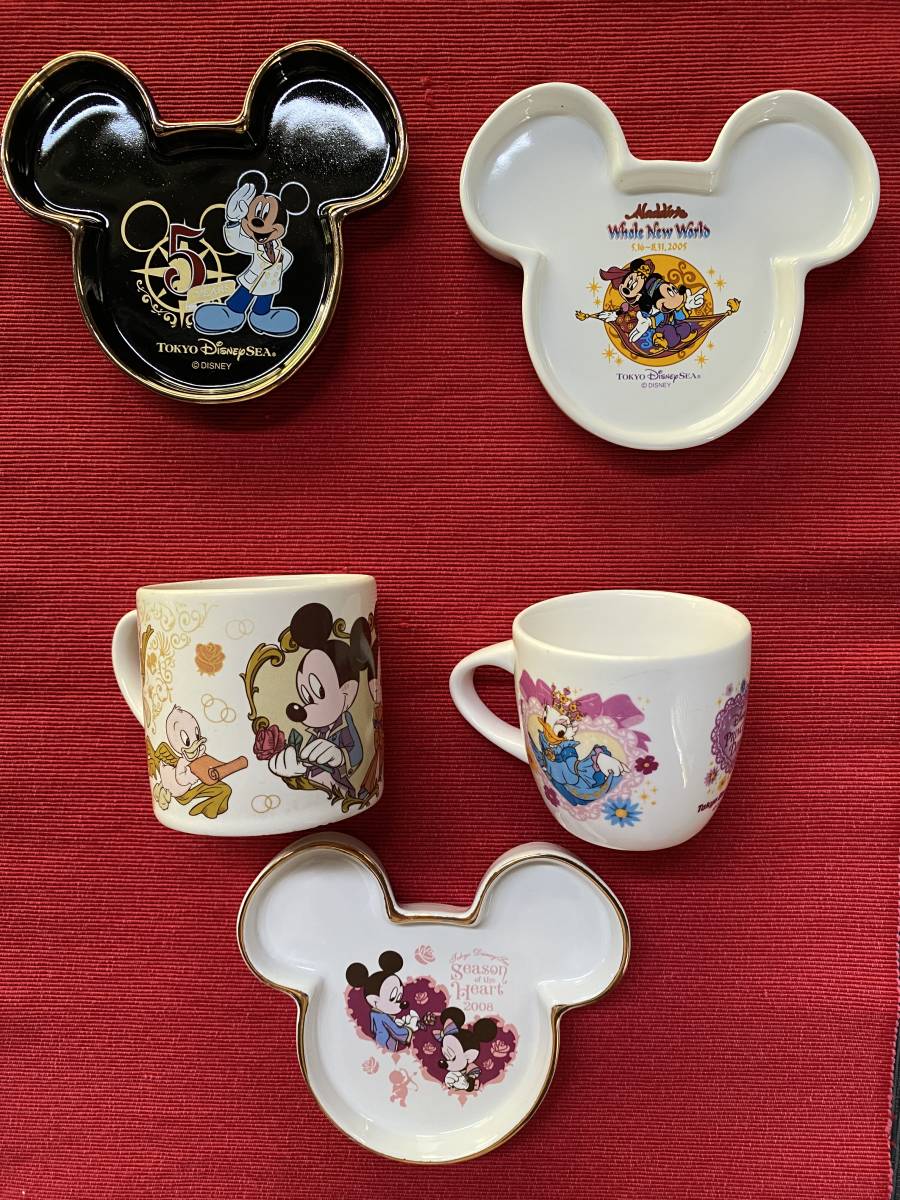 ♪　③ TDSミッキー型スーベニアプレート3枚 & TDL.TDSスーベニアマグカップ2個　5個セット　USED! ♪