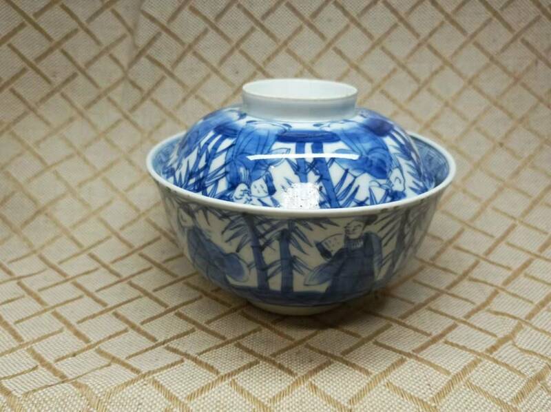 中国 唐物 古瓷 時代物 染付 麒麟人物紋茶碗