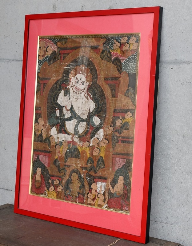 199　古いタンカ　チベット　守護尊　念怒尊　密教　構図が変っています　額付き