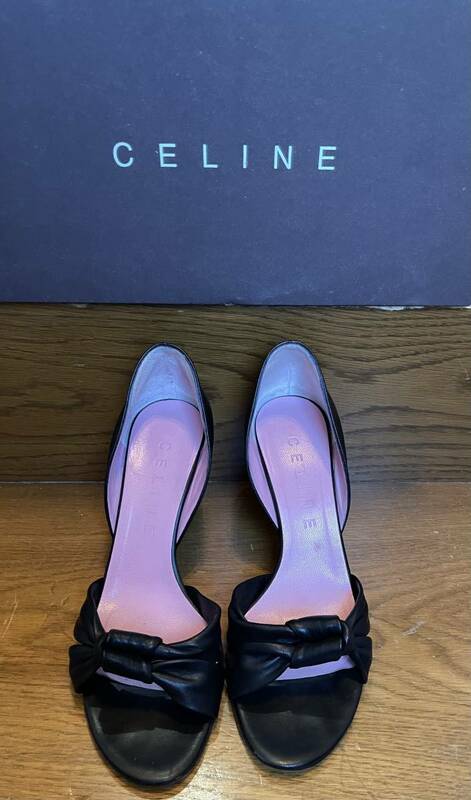 CELINE Celine セリーヌ オープントゥ 靴 パンプス ピンヒール サイドオープン ブラック 黒 35 1/2C シューズ サンダル カーフ 35.5 箱