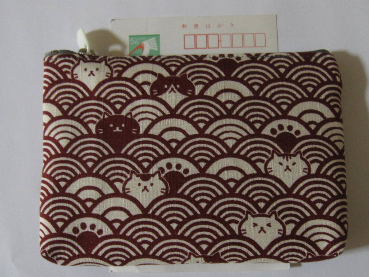 手作り 大 ポーチ 猫 青海波 模様 和柄 小紋 ねこ 動物 レトロ ハンドメイド 財布 小物 充電器 眼鏡 男女 兼用 可愛い お洒落 幅広 エンジ