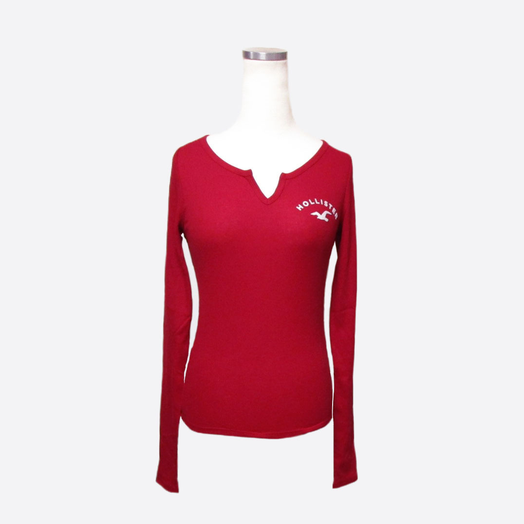 ★SALE★Hollister/ホリスター★ノッチネック長袖リブTシャツ (Red/M)