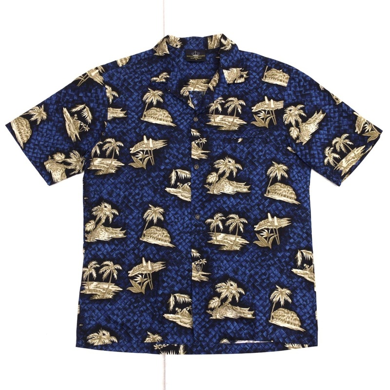 美品 ハワイ製 ROYAL CREATIONS アロハシャツ M(JP:L相当) ネイビー × ヤシの木 半袖 メンズ 古着