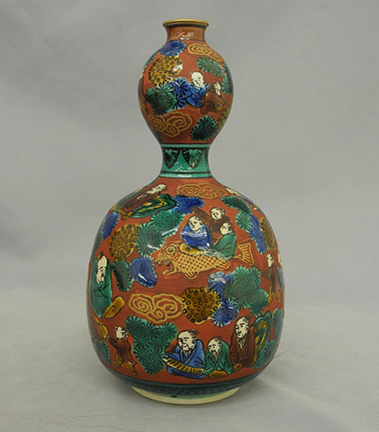九谷木米 瓢箪型 徳利 一輪挿し　花器　九谷焼　九谷　赤絵　色絵　アンティーク　レトロ　KUTANI WARE 明治 大正　木米写し　木米
