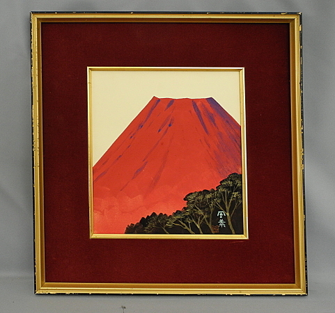 斎藤鳳葉 赤富士 日本画　色紙に彩色　鳳葉　額入り　　　Mt. Fuji　Japanese paiting