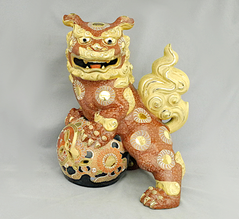 九谷焼 玉乗り獅子 37cm 赤 獅子 玉獅子 唐獅子 置物　中古品　KUTANI WARE　made in Japan 現代九谷