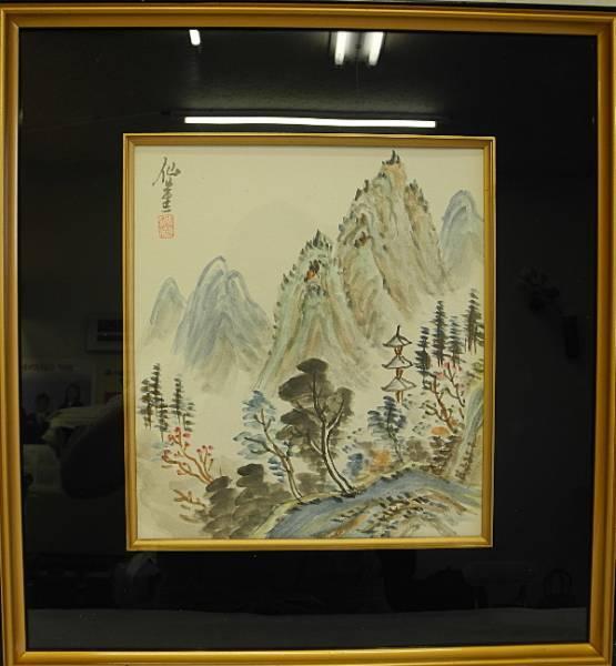 安川仙崖 日本画 山水 色紙　仙崖 額入り　信州の日本画家　物故　Japanese Painting