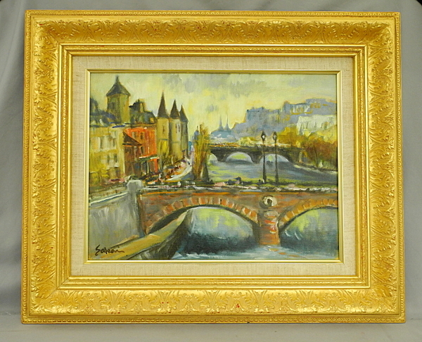 酒井英明 油彩 橋 F6 洋画 油絵 額装 キャンパスに油彩　信州の洋画家　中古