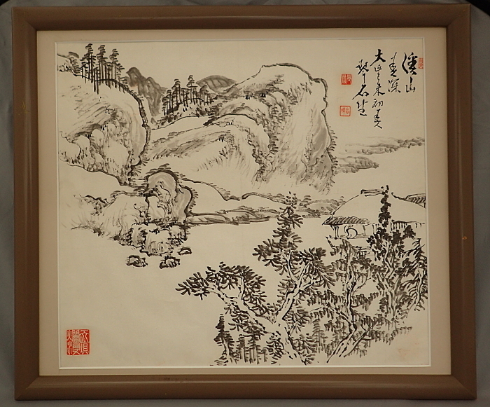 外谷琴石 日本画 山水 琴石 紙に墨　日本画　日本画家　額装　Japanese Painting　信州の日本画家　物故作家